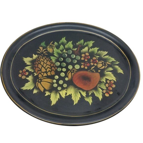 Vintage Metal Toleware Tray Fruit & Leaf Design Black Gold Mid-Century Pineapple - Picture 2 of 6